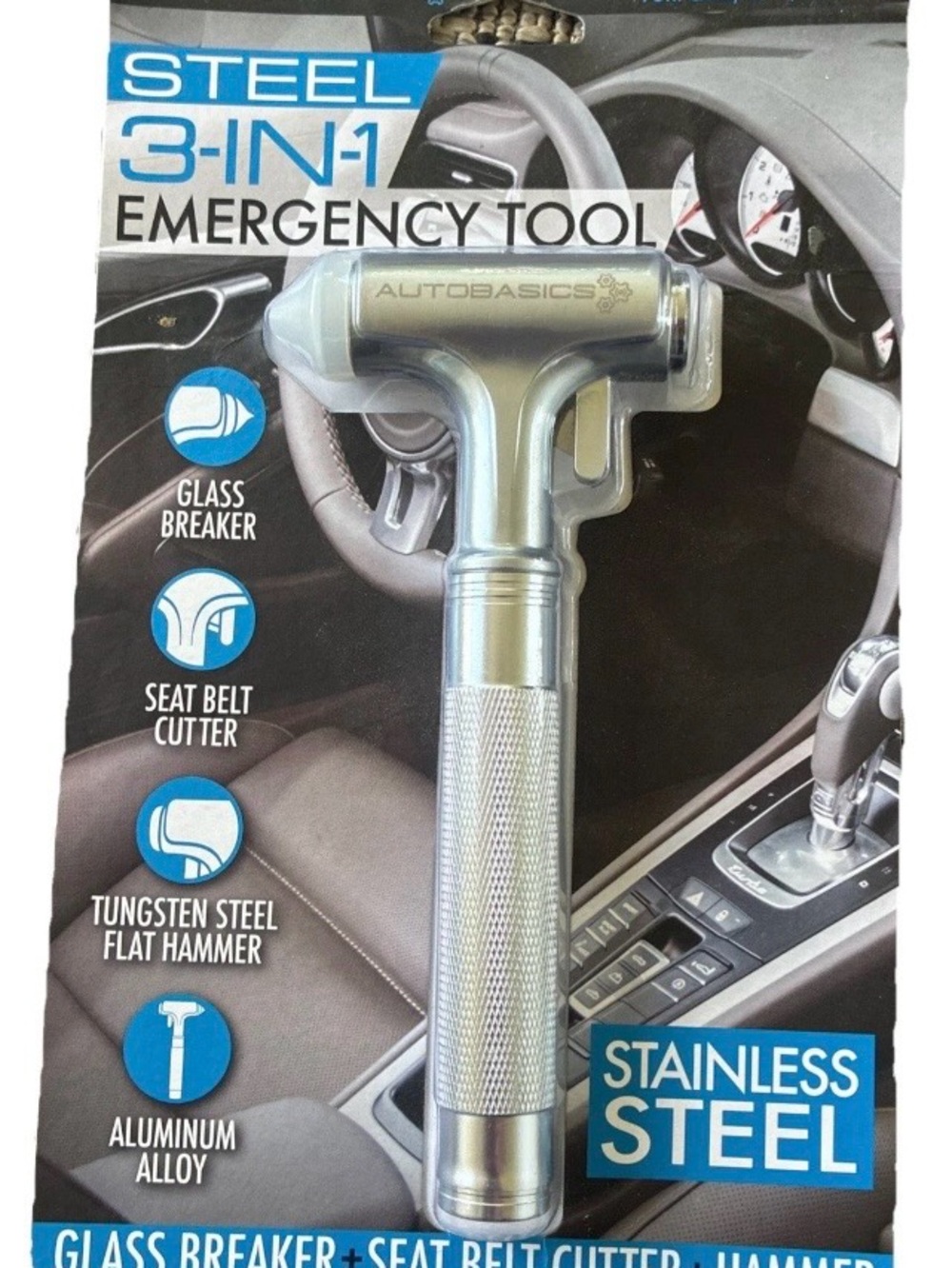 AUTO-BASICS STEEL 3-IN1 EMERGENCY TOOL STAINLESS STEAL GLASS BREAKER  …….